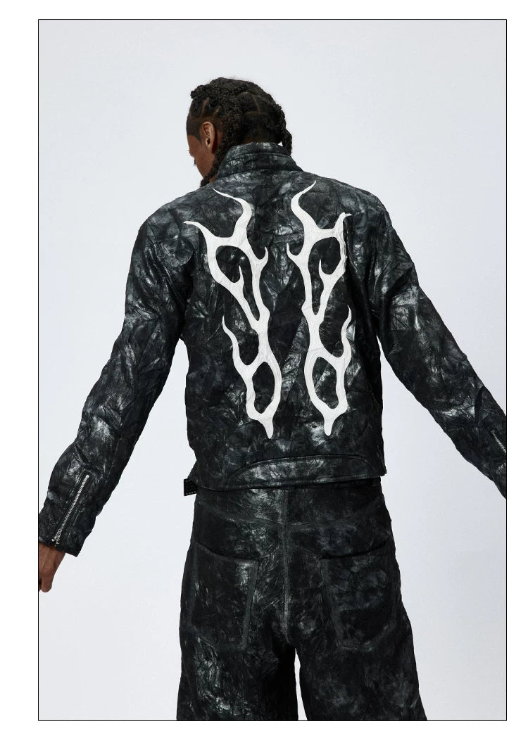 American Printed Pleated Leather Biker Jacket