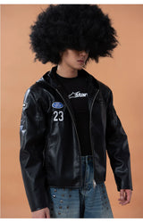 Men's Black Badged Hooded PU Jacket