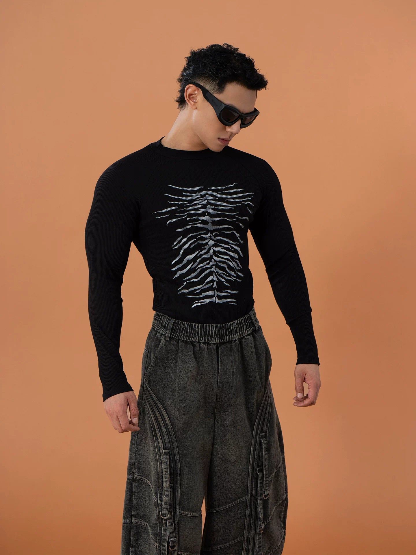 Skeleton Print Ribbed Fitted Long-Sleeve Tee