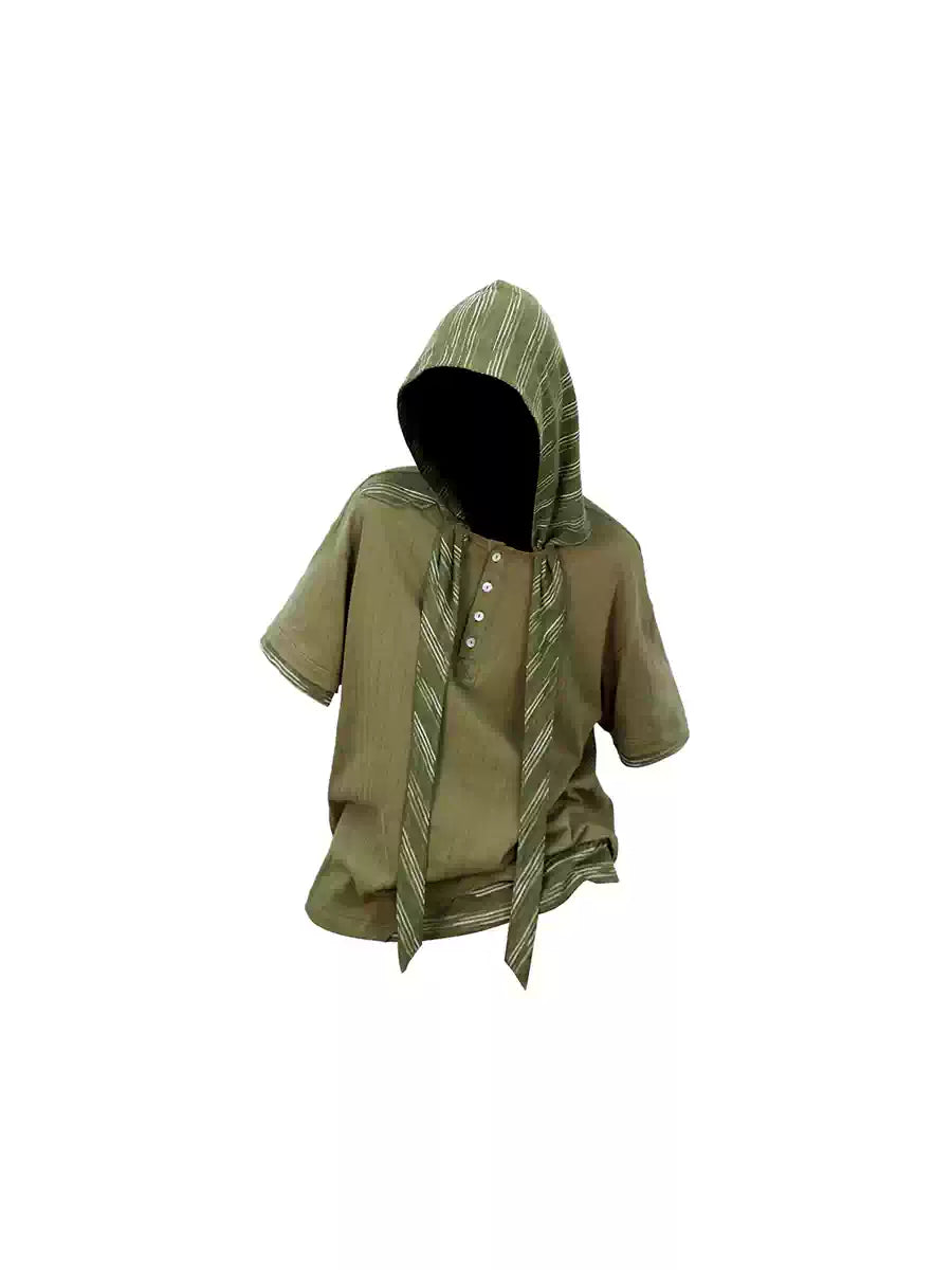 Detachable Hooded Distressed Knit Henley Tee