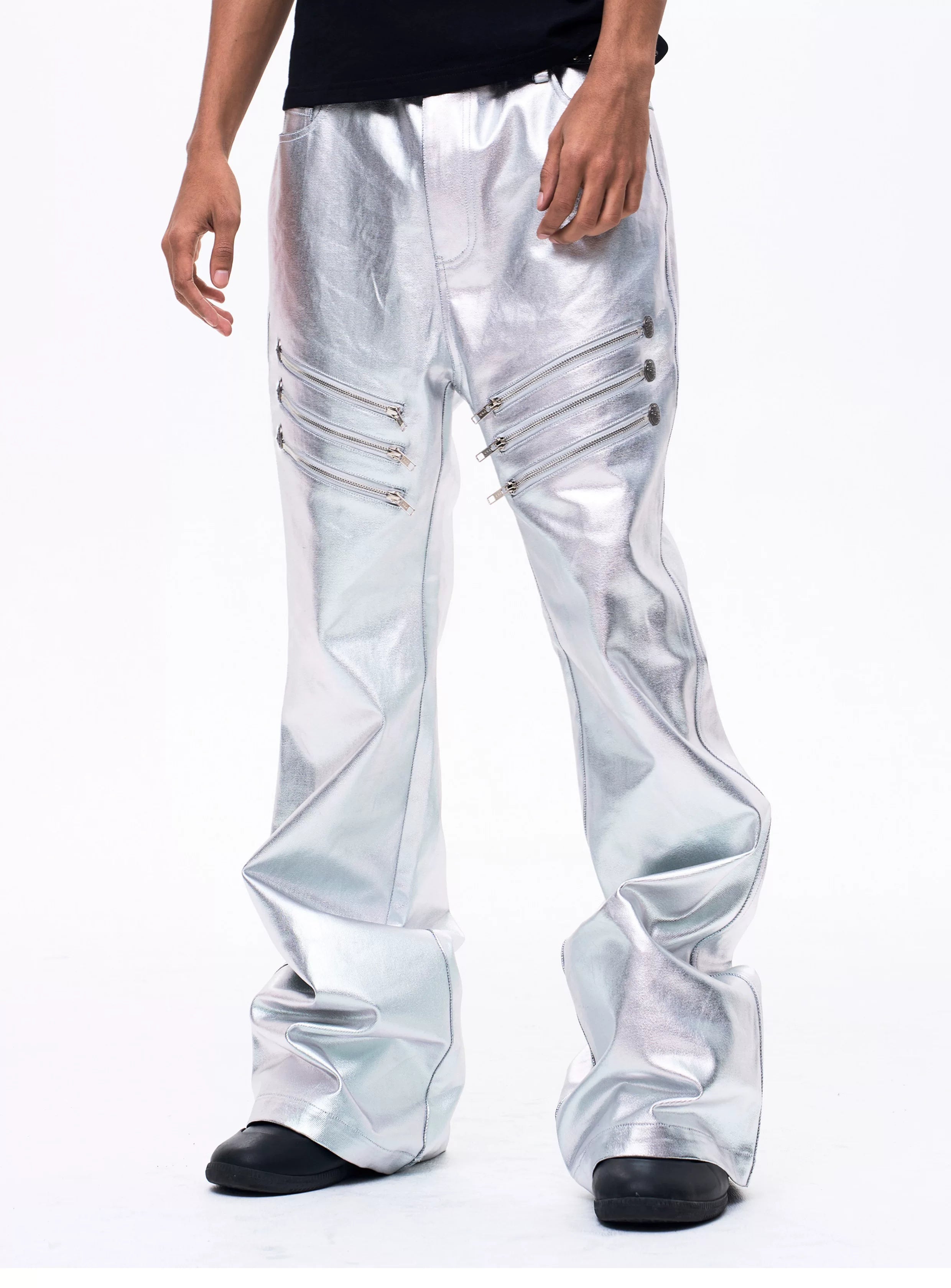 Men's Liquid Metal Silver Flared Jeans