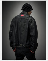 Dark Distressed Patchwork Relaxed Denim Jacket