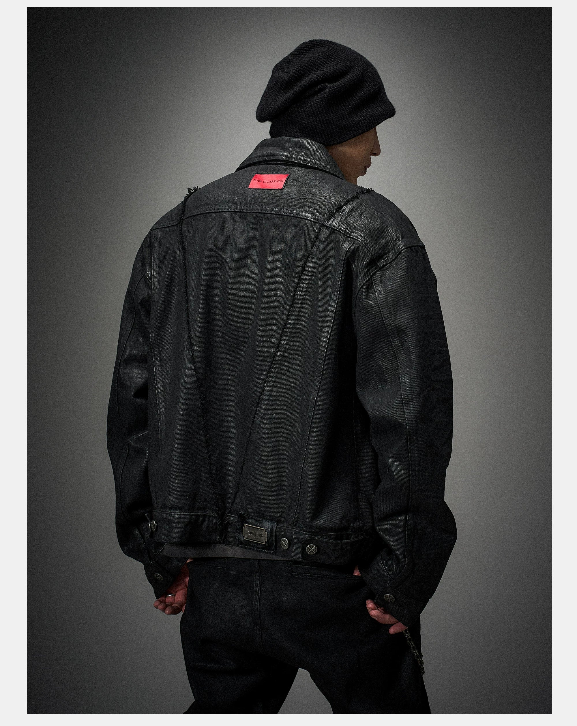 Dark Distressed Patchwork Relaxed Denim Jacket