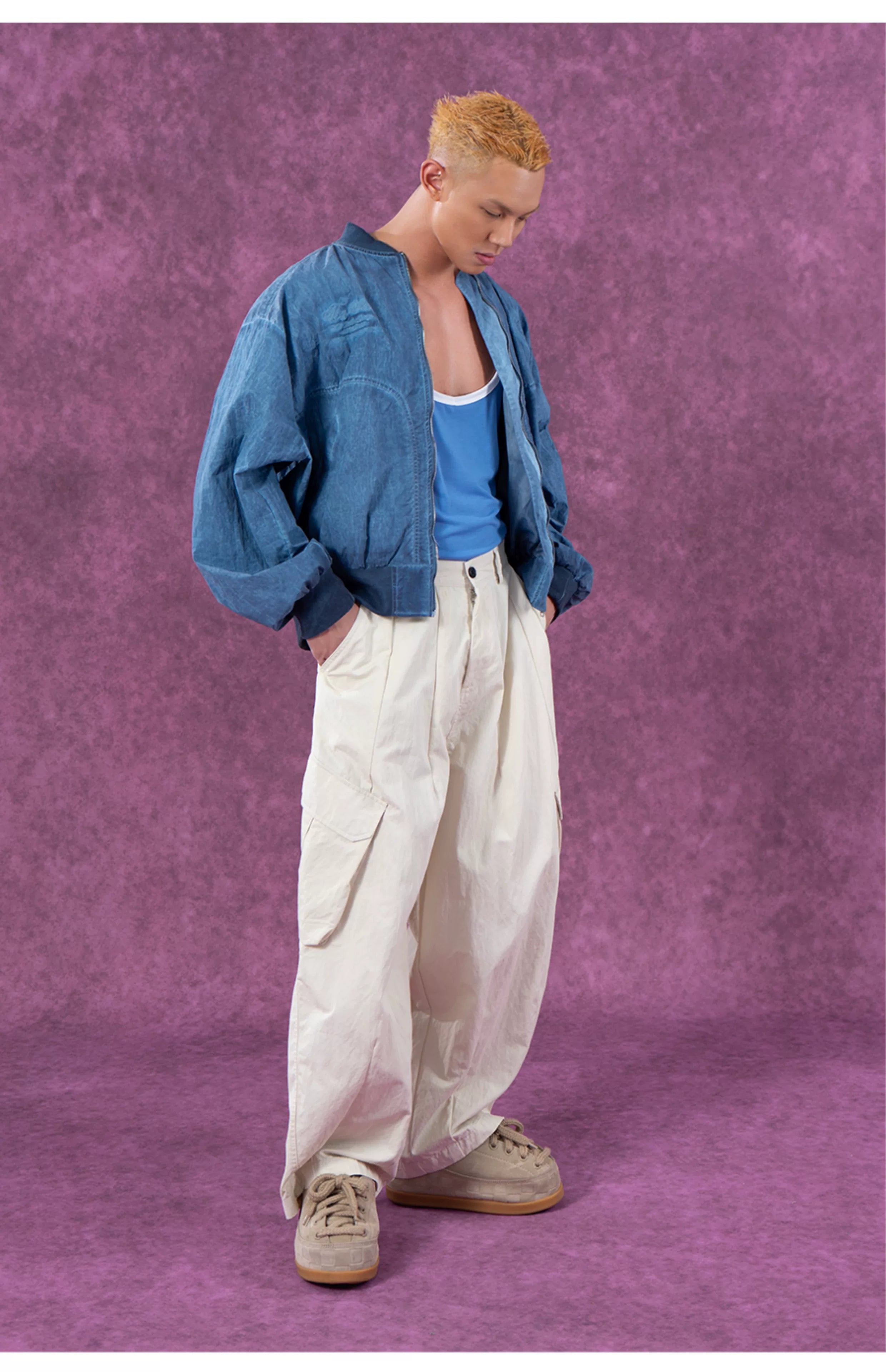 Men's Textured Gray Blue Bomber Jacket