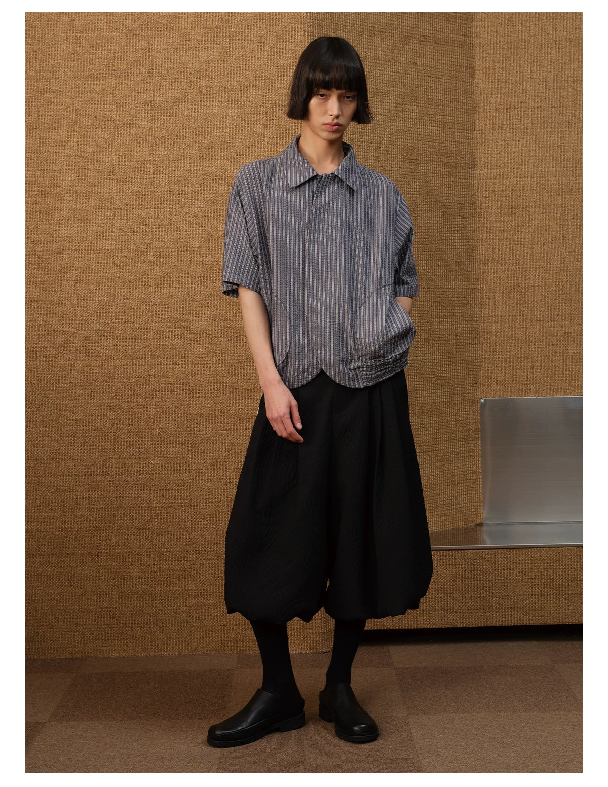 Dark Blue Striped Ruched Shirt