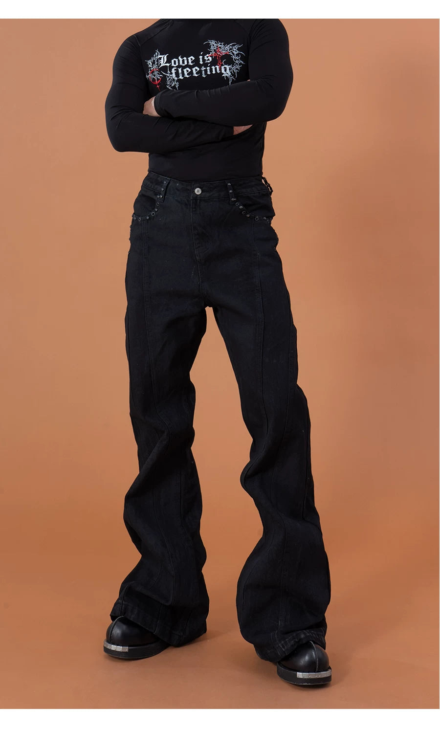 Men's Black Studded Loose Flared Jeans