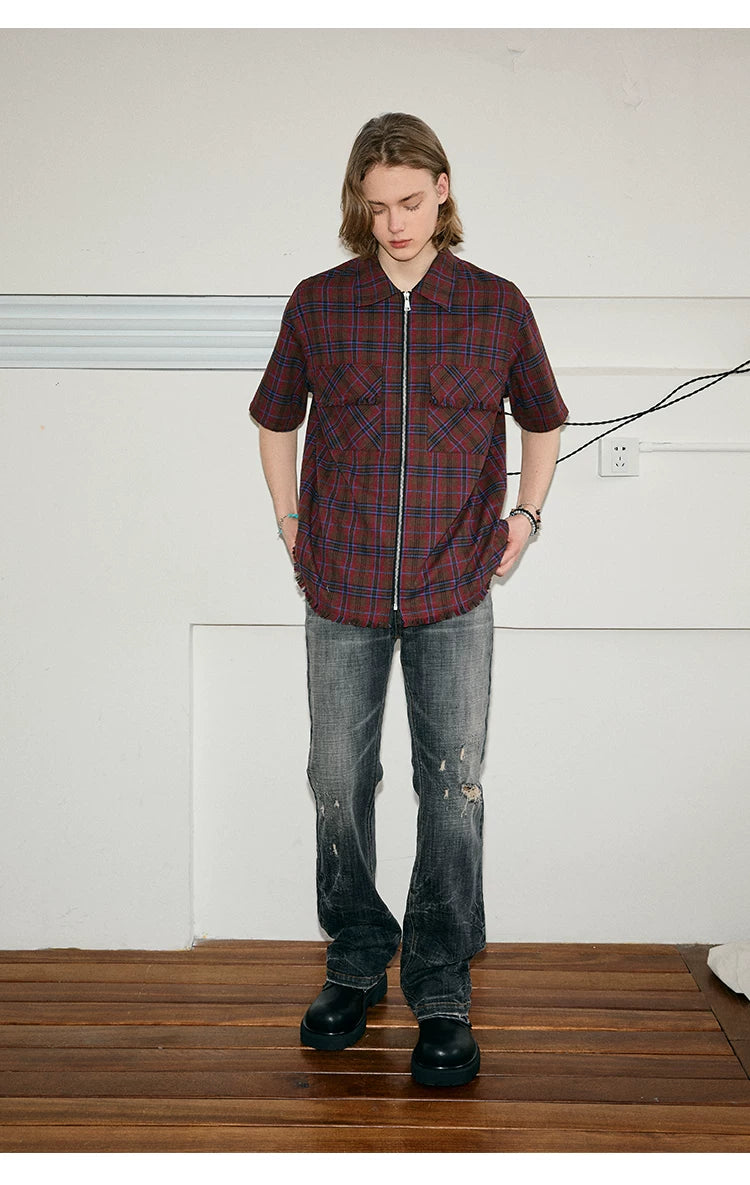 Men's Frayed Plaid Zip Short-sleeved Shirt