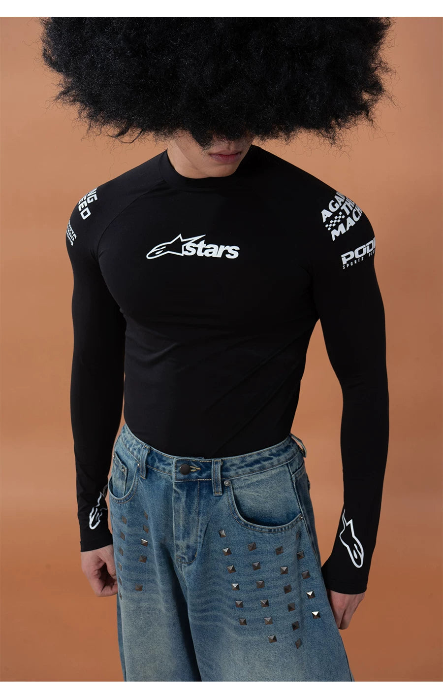 Men's Black Racing Print Long-sleeved Tee