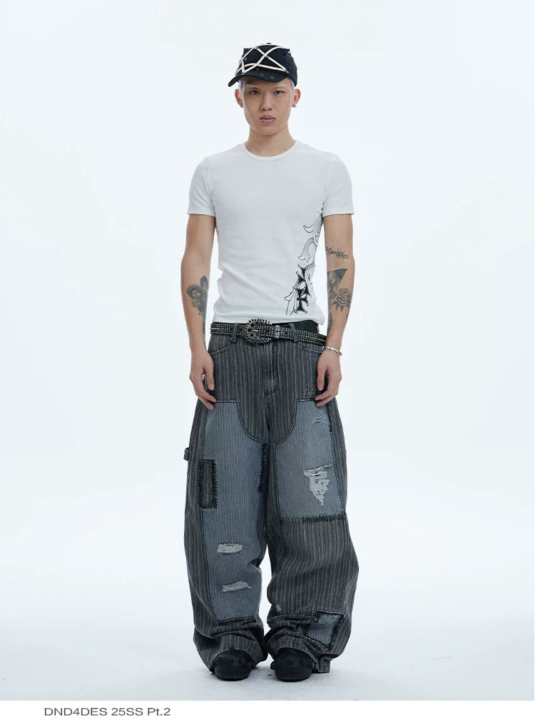 Distressed Striped Patchwork Baggy Work Pants