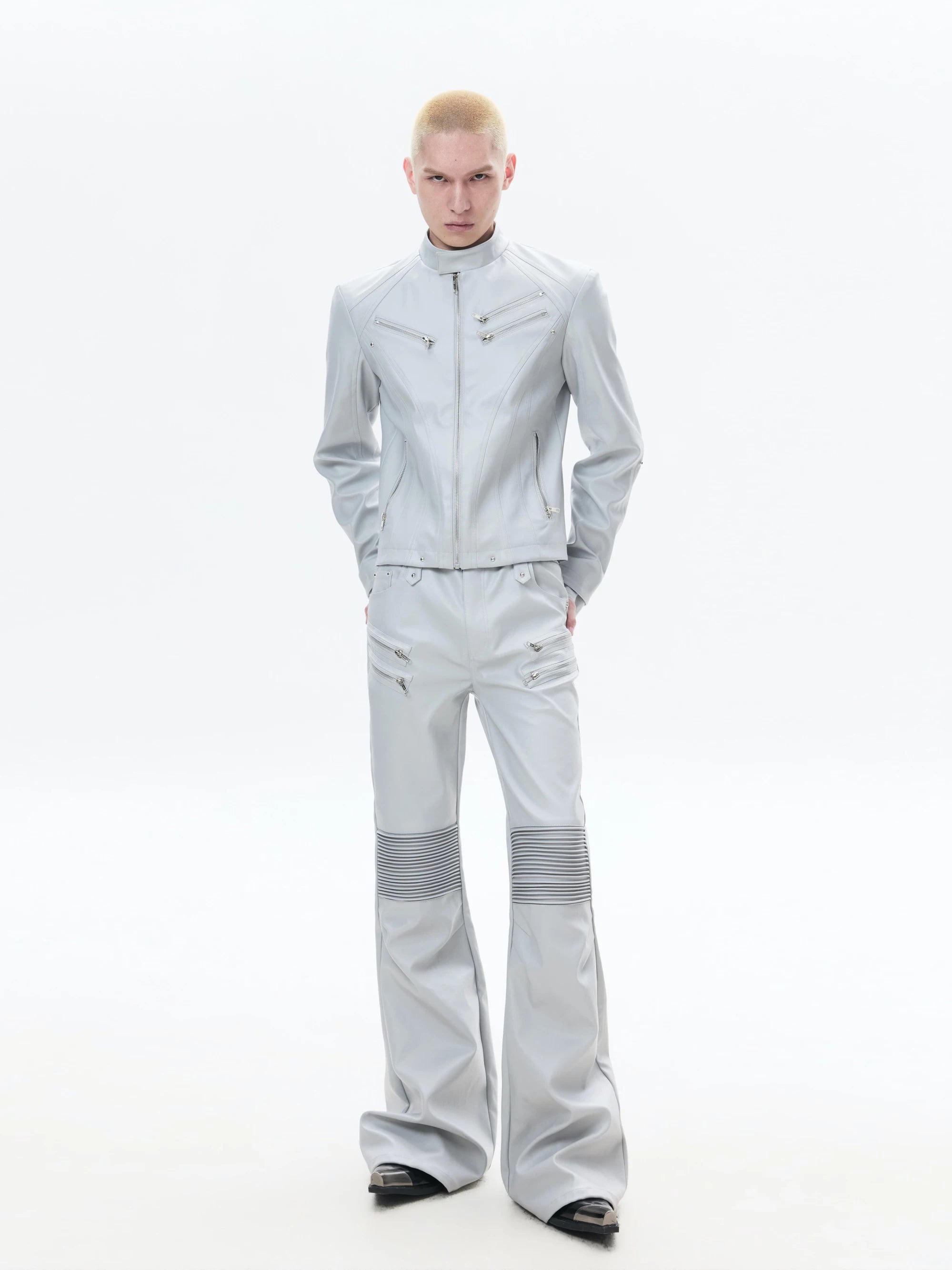 Multi-Zip Coated Moto Leather Flare Pants