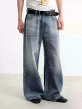 Grey Blue Distressed Wide Leg Jeans