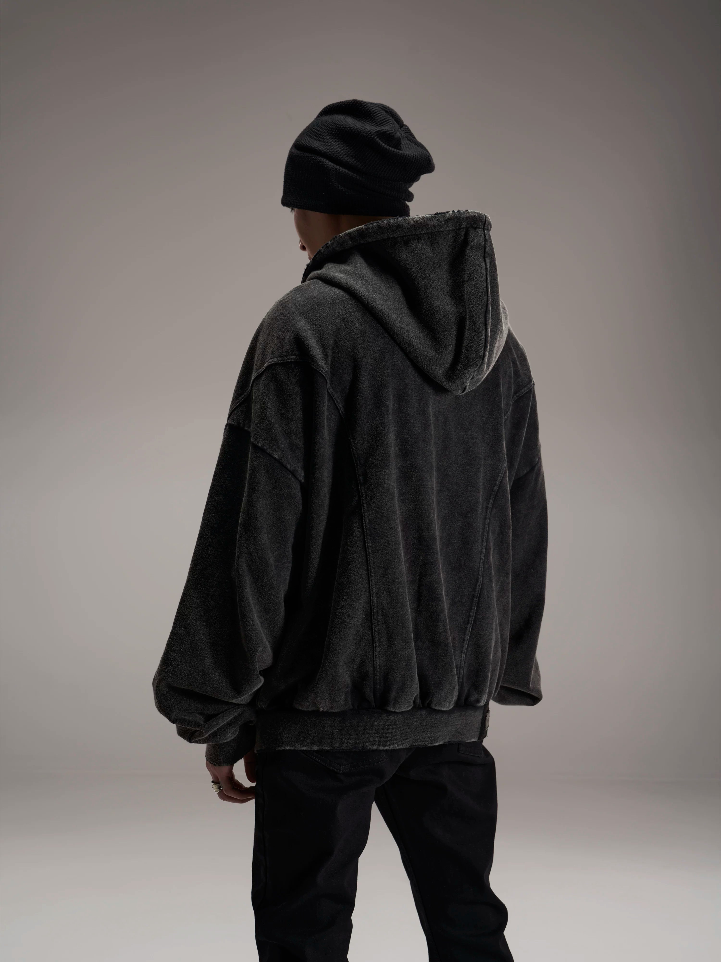 Black Loose Patchwork Zip Hoodie