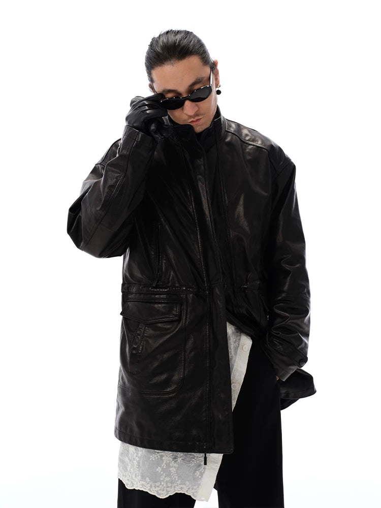 Men's Waist-cinched Mid-length Goatskin Jacket