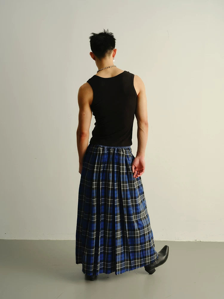 Reversible Pleated Frayed Plaid Denim Skort