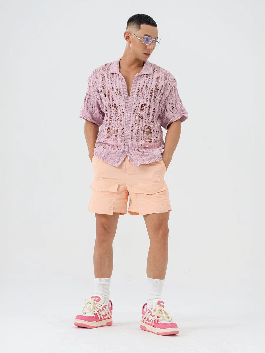 Peach Pink Multi-pocket Drawstring Beach Shorts