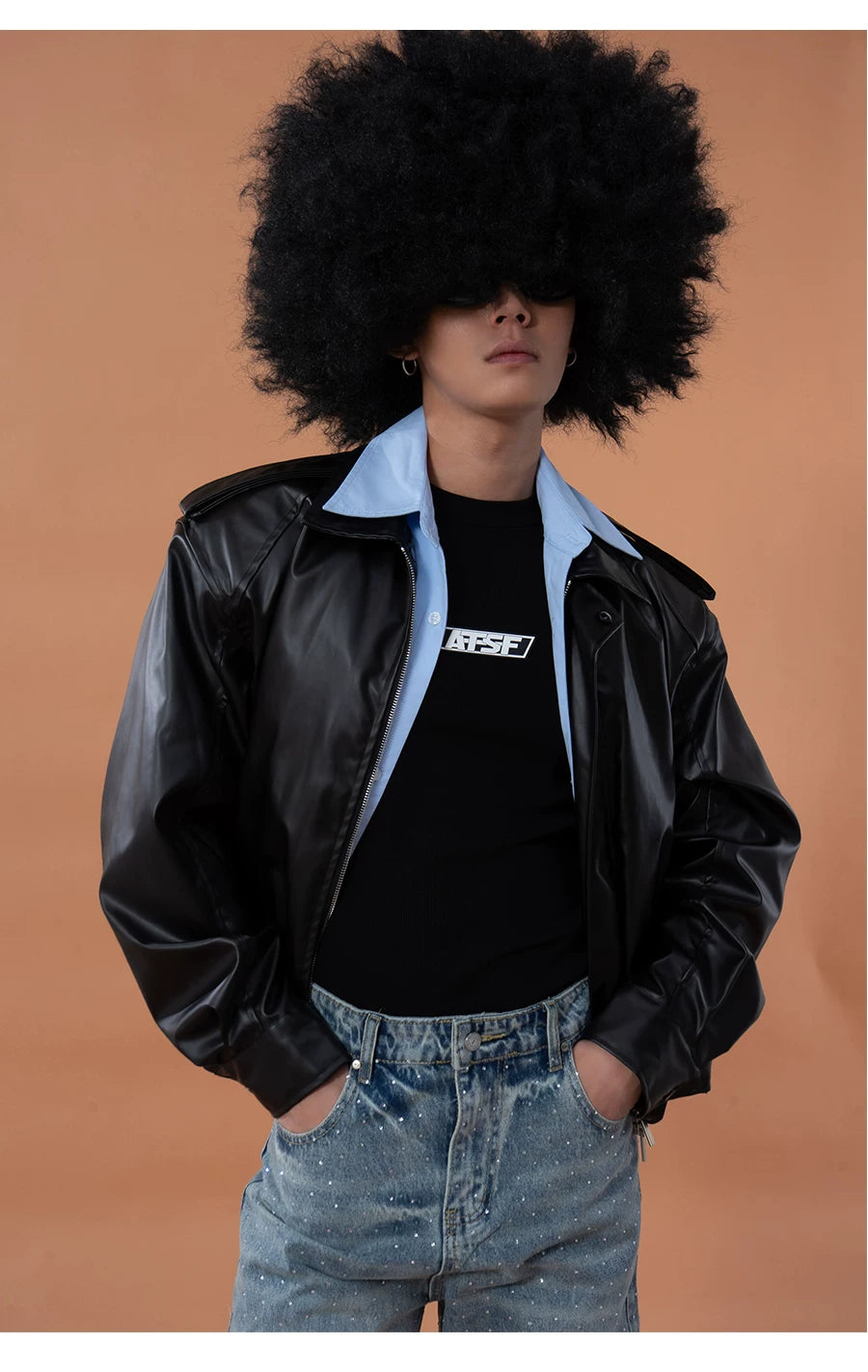 Black Shirt-Collared Faux Leather Moto Jacket