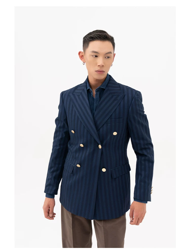 Men's Slim Striped Navy Blazer