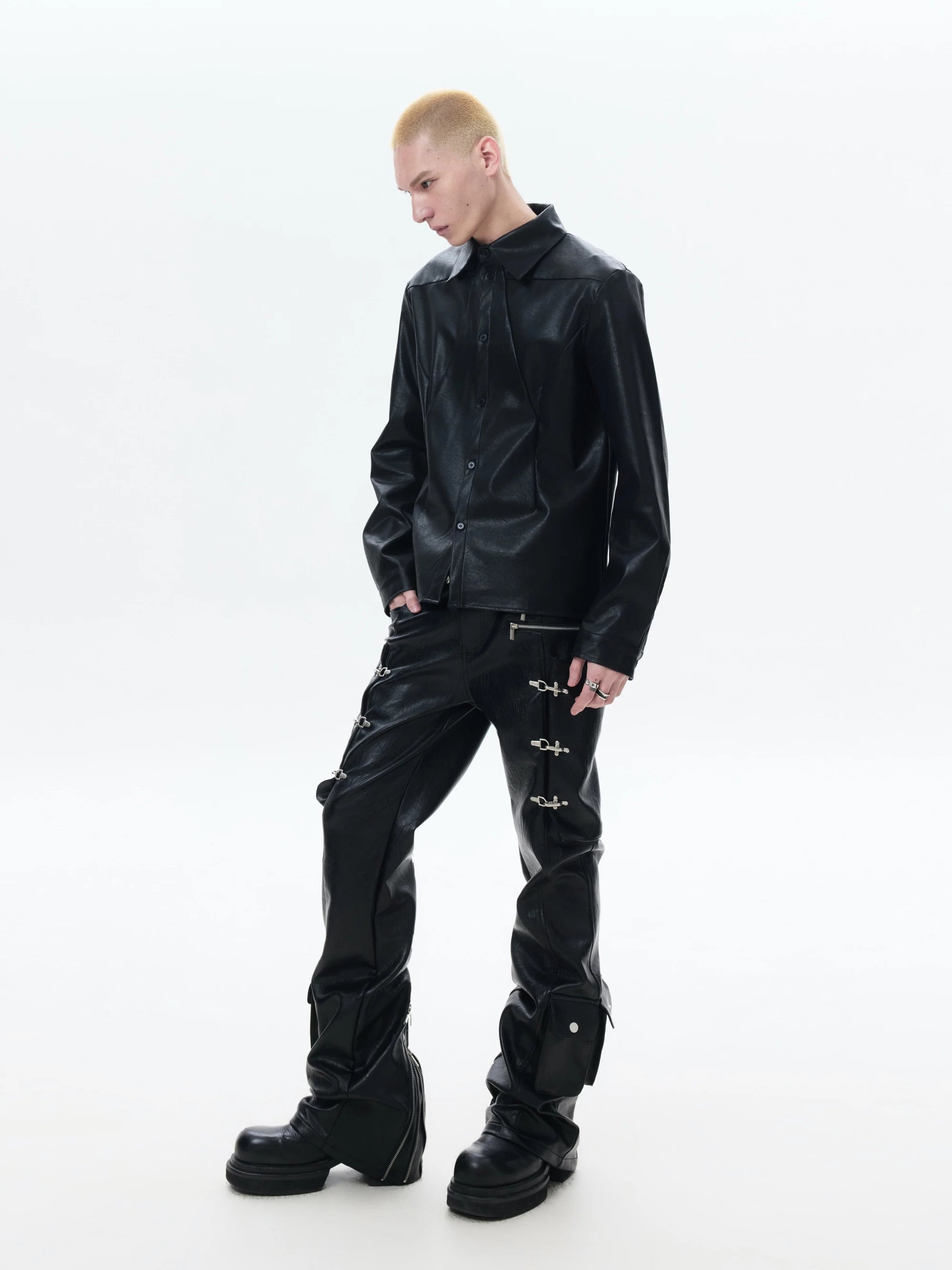 Zippered Flared Leather Casual Pants