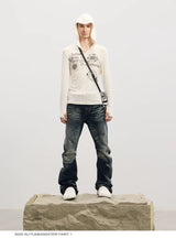 Curved Leg Stretchy Washed Distressed Jeans