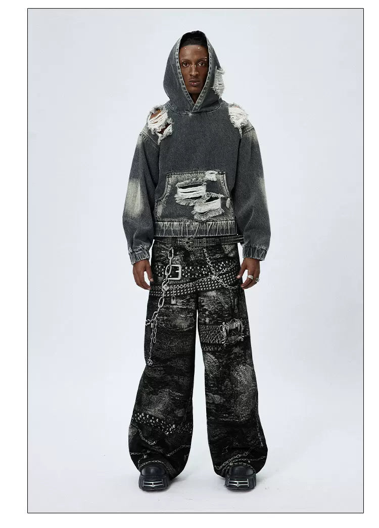 Washed Distressed Drop Shoulder Cropped Hoodie