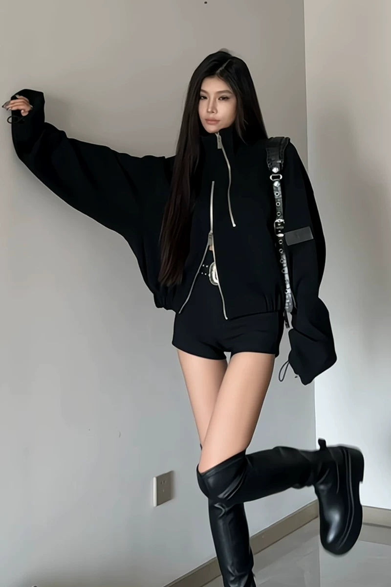 Asymmetric Zip Cropped Turtleneck Jacket