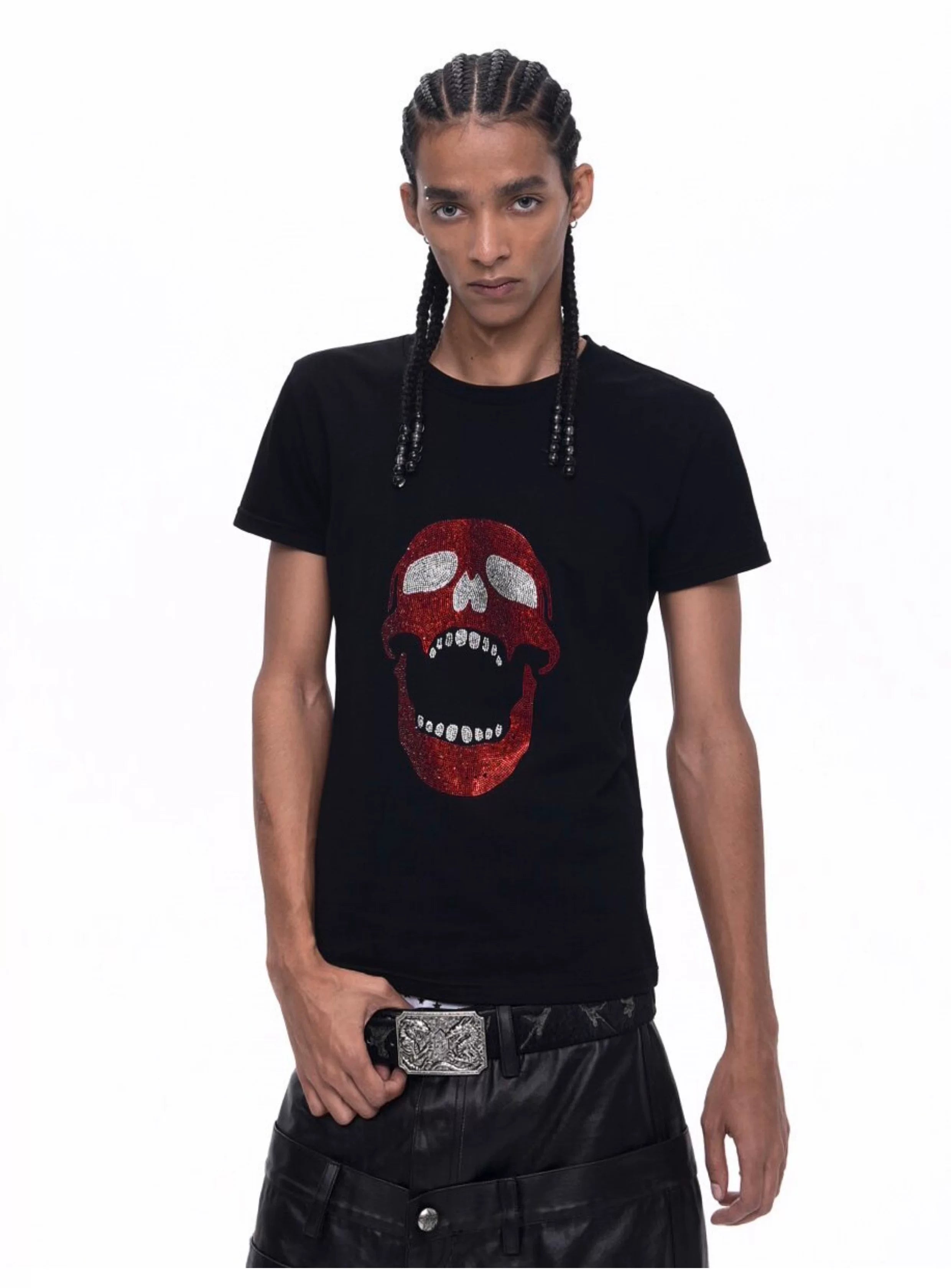 Demon Skull Rhinestone Print Crew Neck Tee