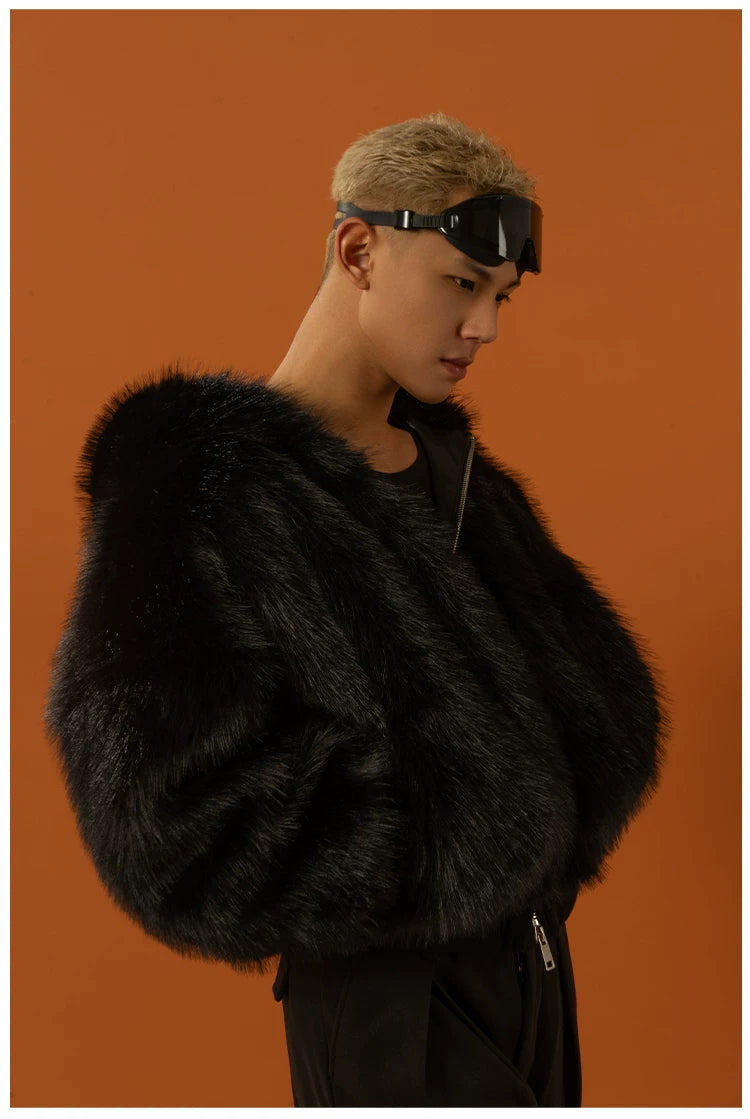 Black Red Hooded Faux Fur Coat