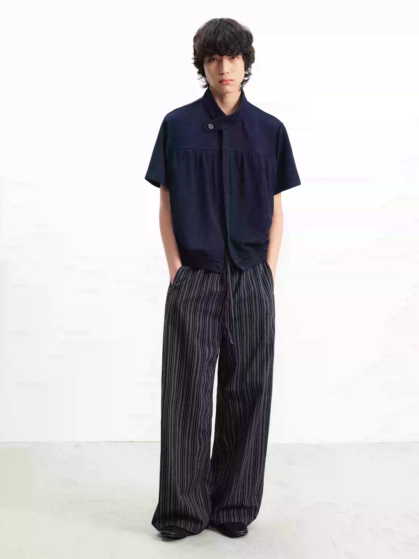 Tie-Front Striped Pleated Linen Pants