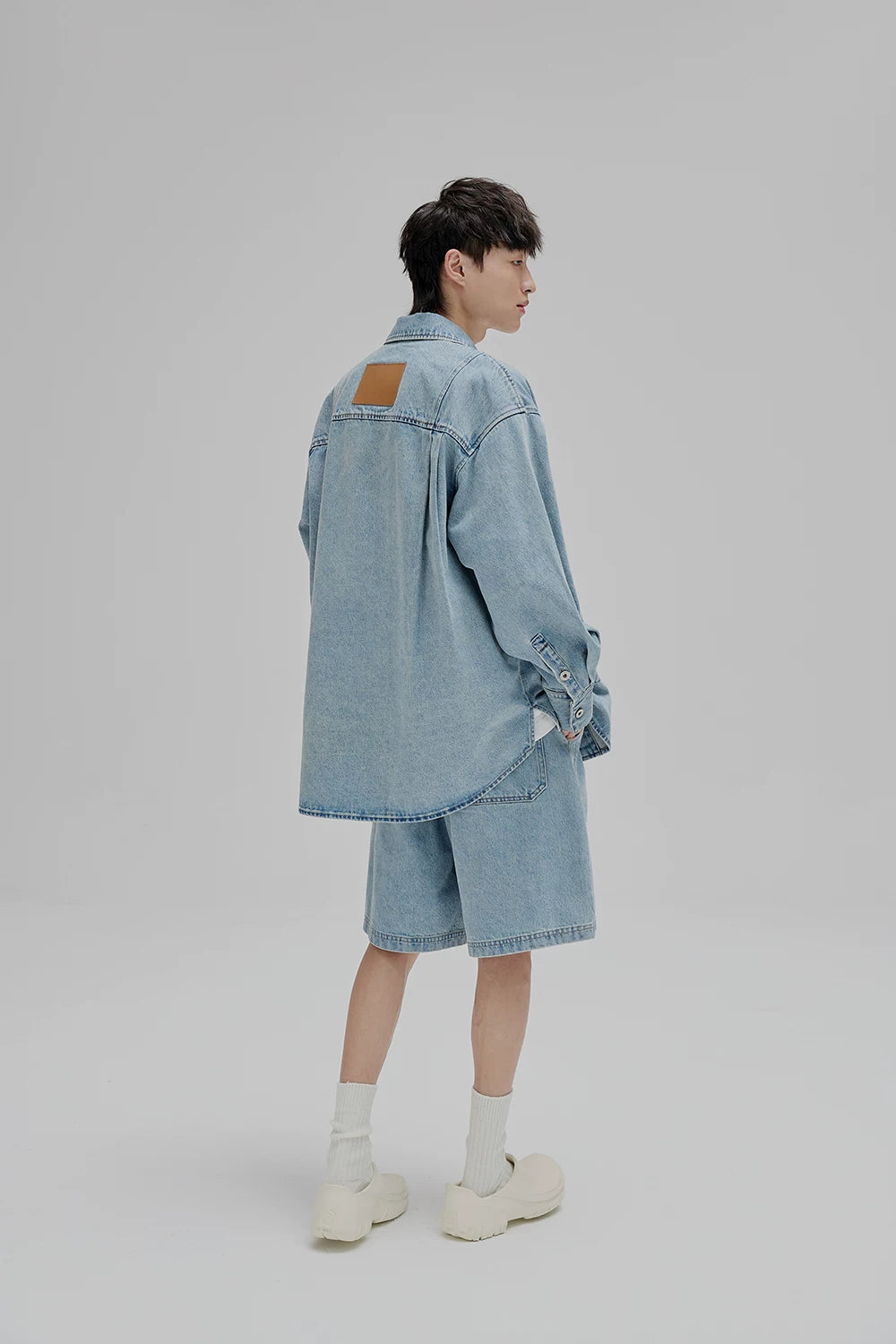 14Oz Washed Denim Asymmetric-Pocket Shirt Jacket