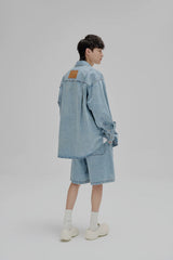 14Oz Washed Denim Asymmetric-Pocket Shirt Jacket