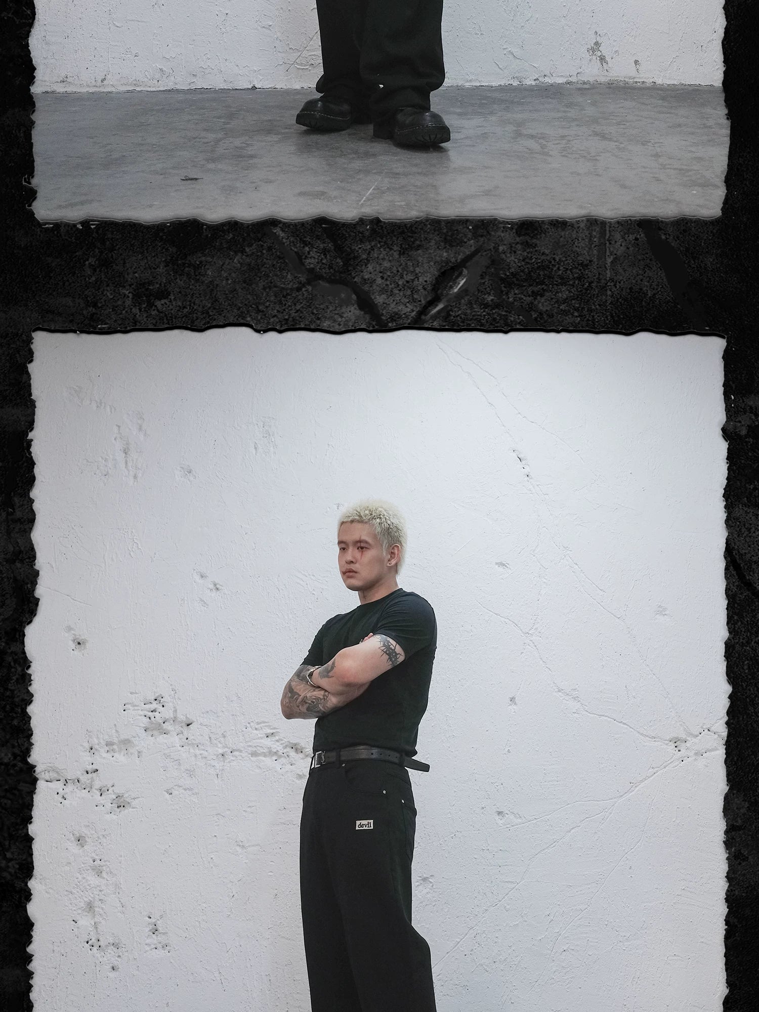 Embroidered Devil Straight-Leg Denim-Style Terry Sweatpants
