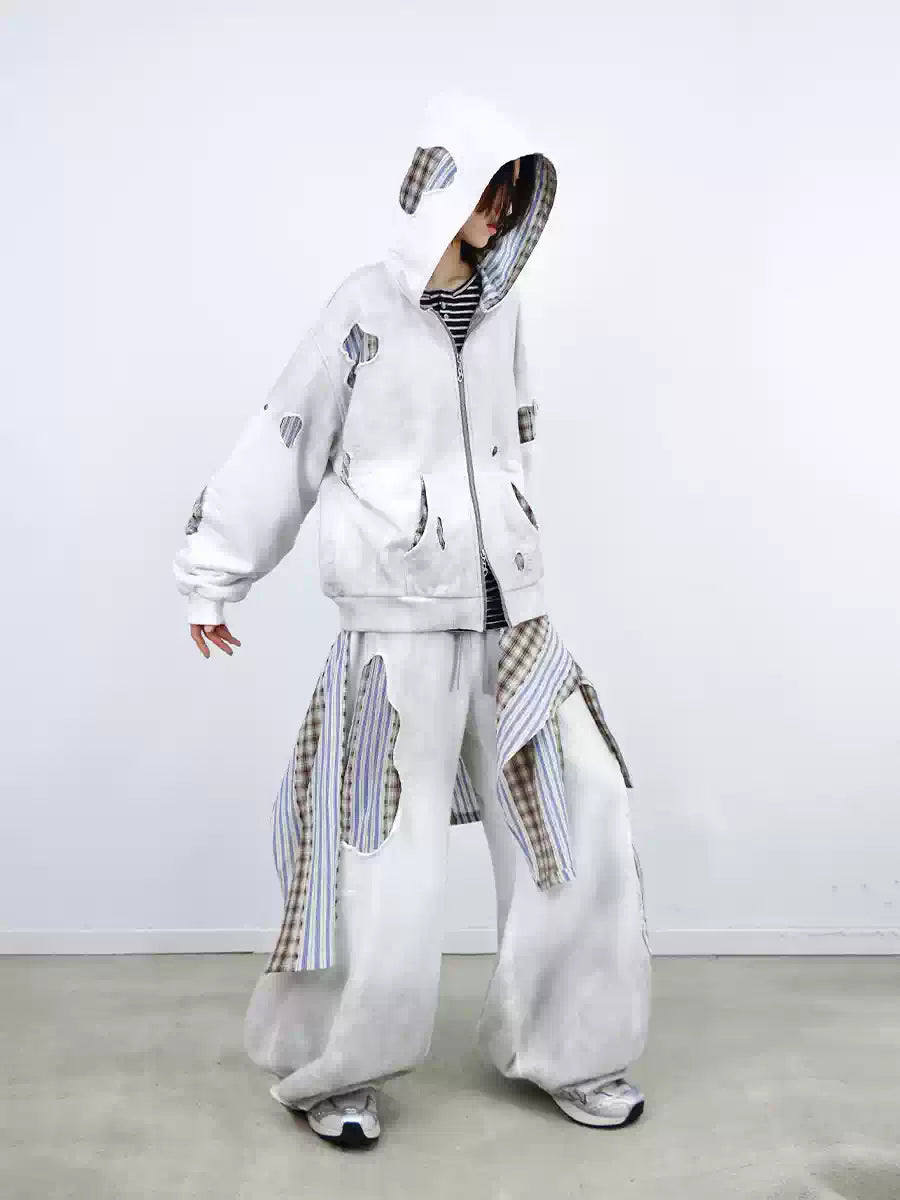 Stripe Patchwork Washed Zip Hoodie