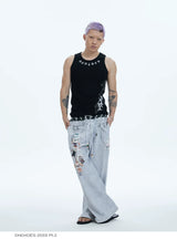 Flared Digital Print Double Waistband Sweatpants
