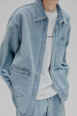14Oz Washed Denim Asymmetric-Pocket Shirt Jacket