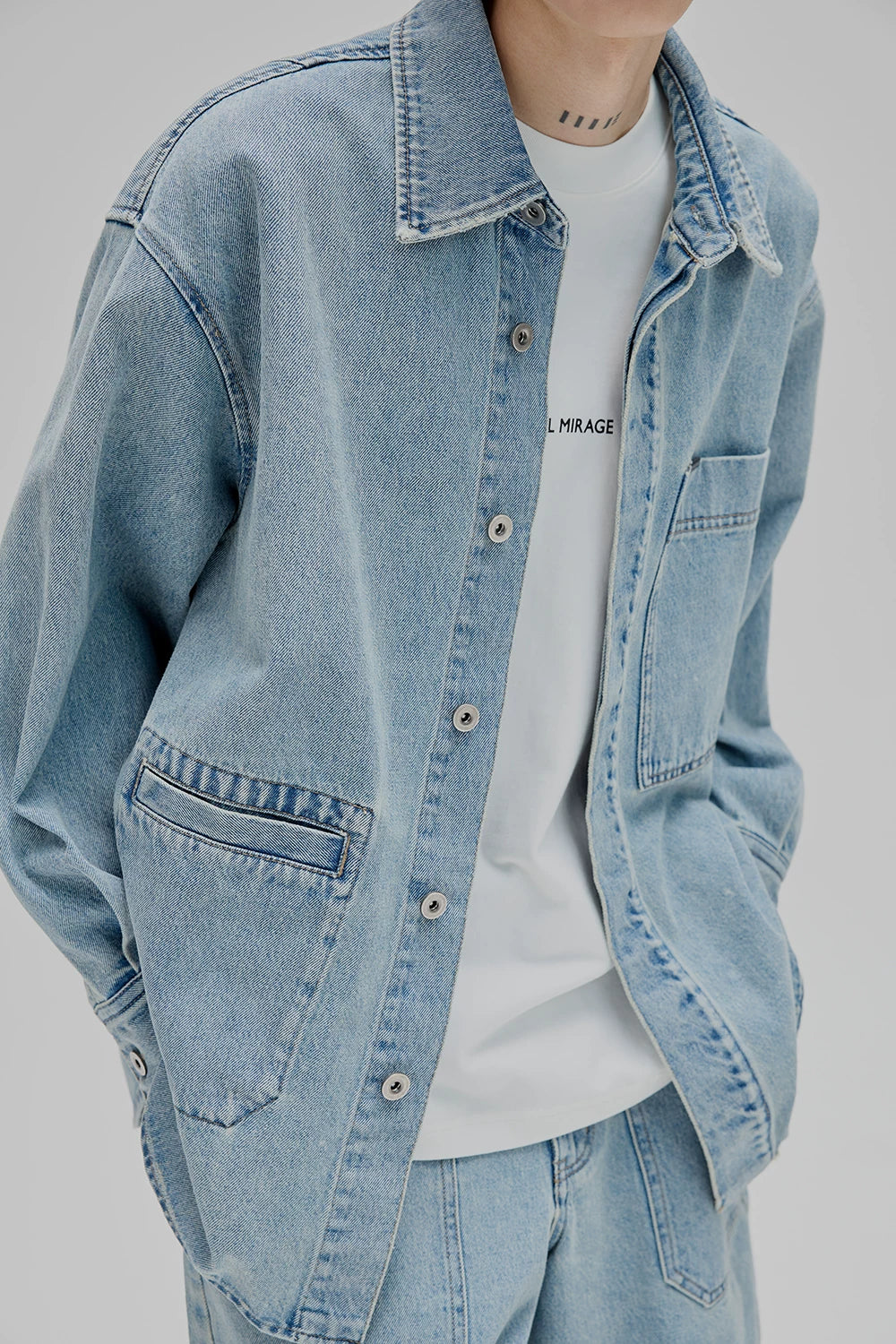 14Oz Washed Denim Asymmetric-Pocket Shirt Jacket