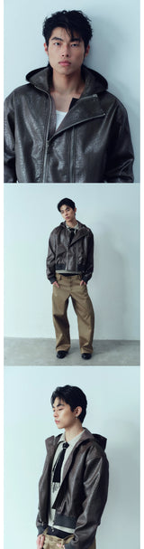 Double Zip Hooded Cropped Leather Jacket