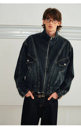 Men's Washed Denim Stand Collar Jacket