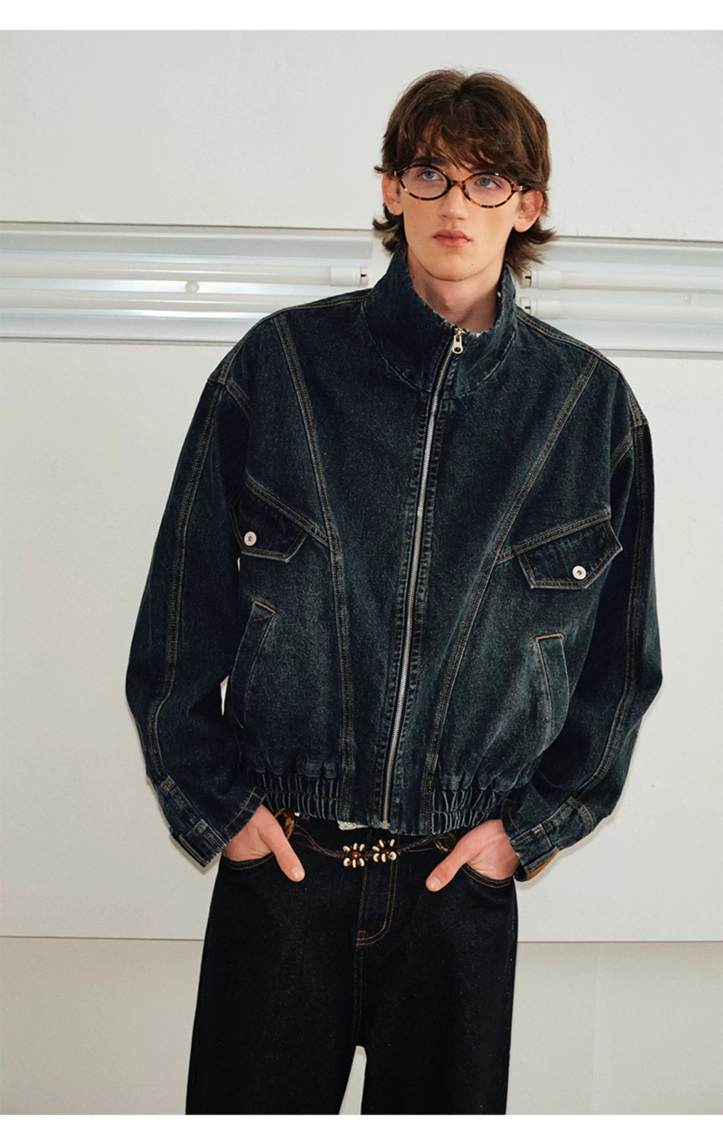 Men's Washed Denim Stand Collar Jacket