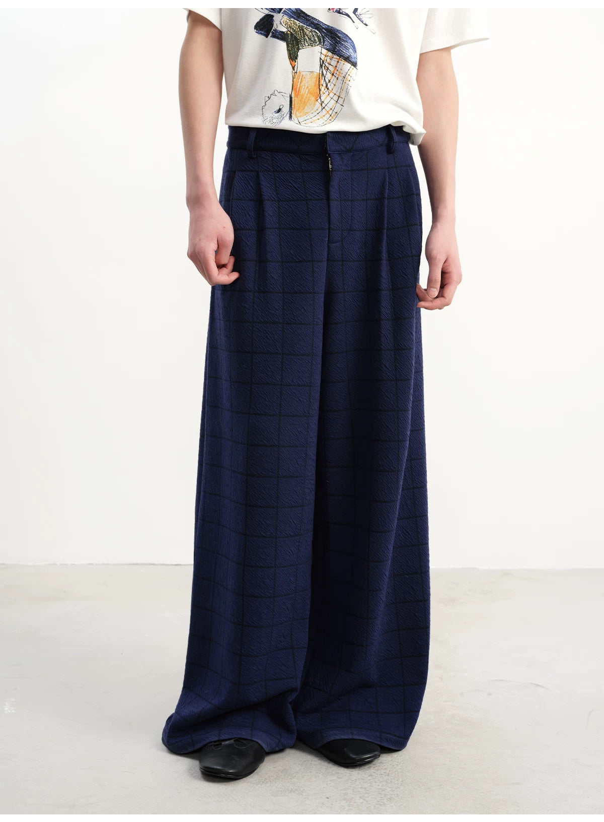 Blue-Black Plaid Pleated Casual Pants