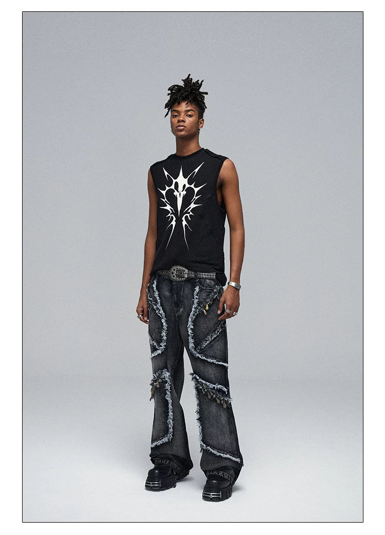 Fringed Ripped Washed Straight Jeans