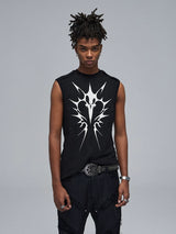 Stretchy Black Printed Ribbed Tank Top
