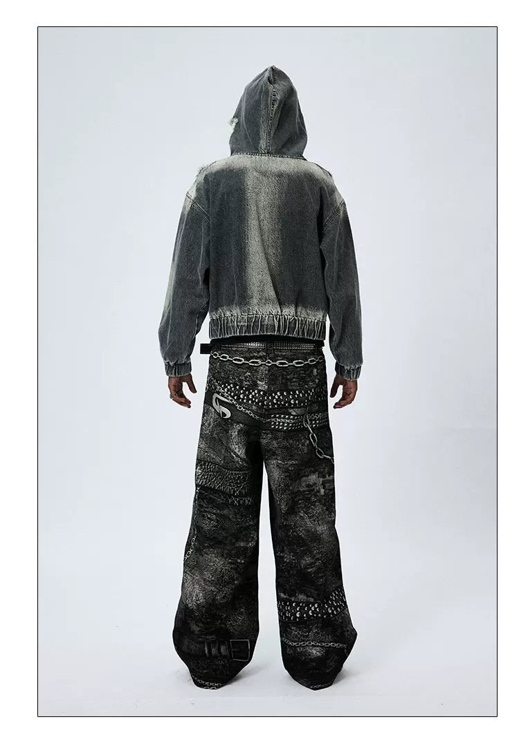 Washed Distressed Drop Shoulder Cropped Hoodie