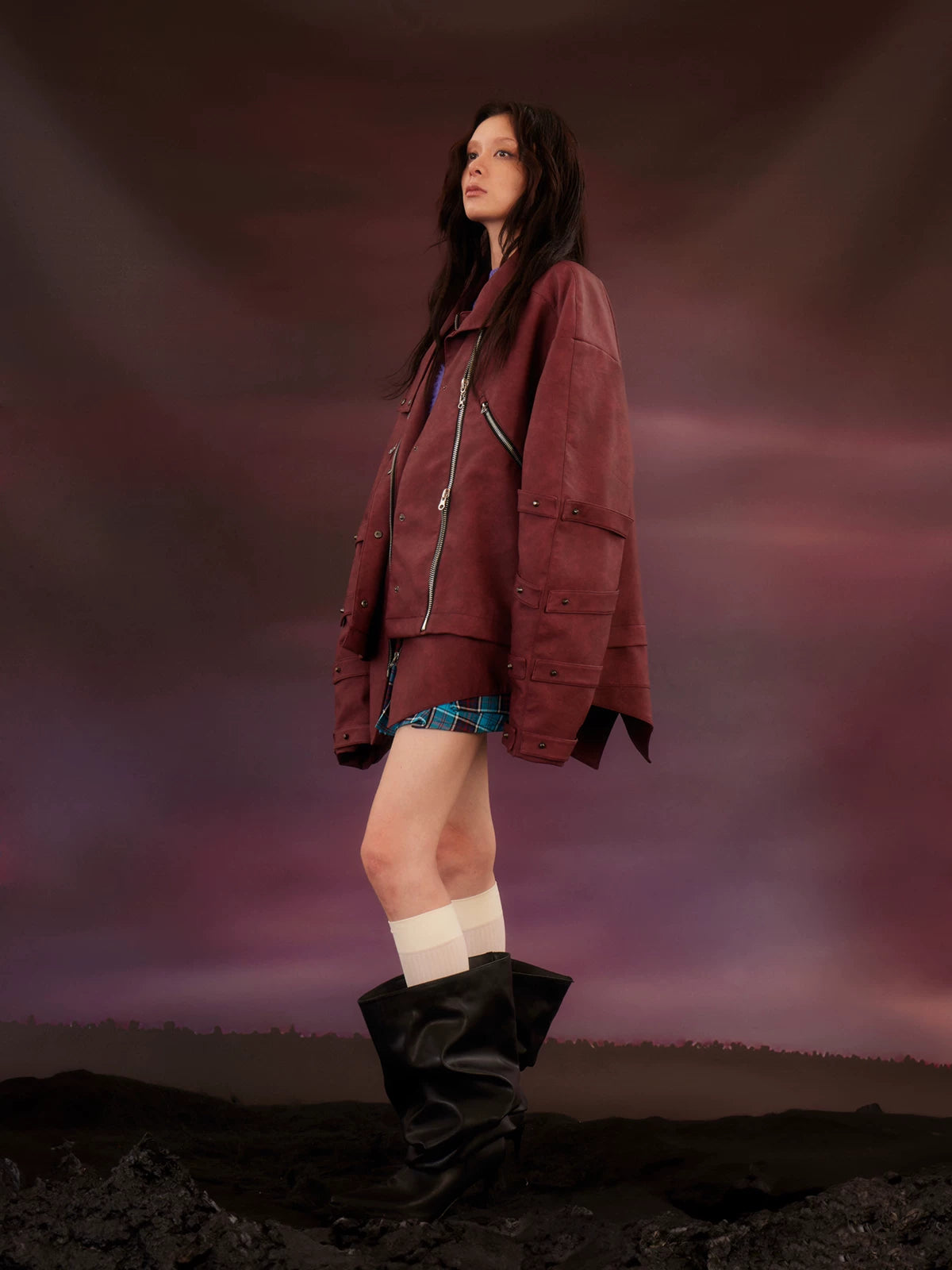 Studded Washed Distressed Swallow-tail Leather Jacket