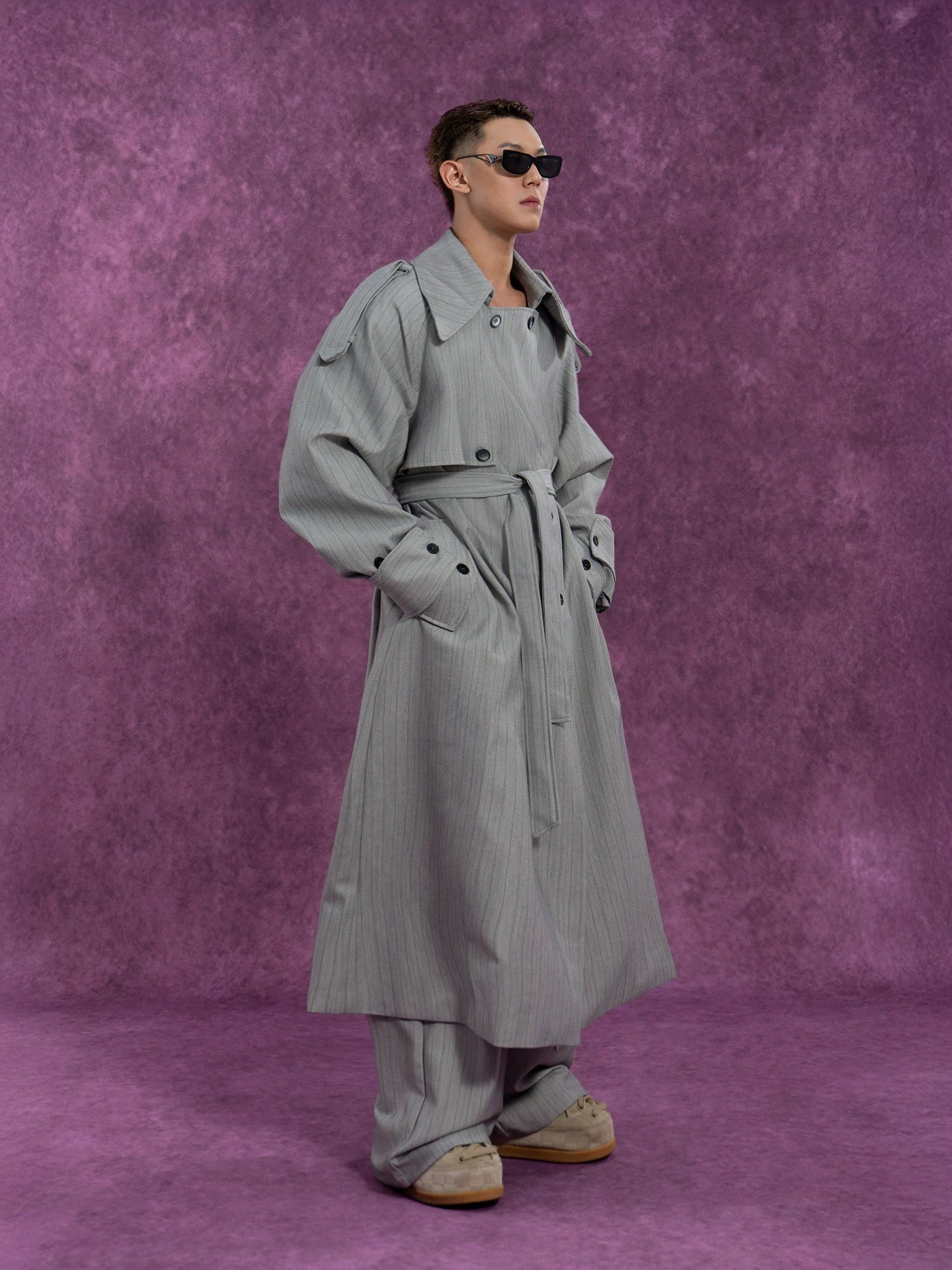 Belted Vintage Taupe Striped Cape Coat