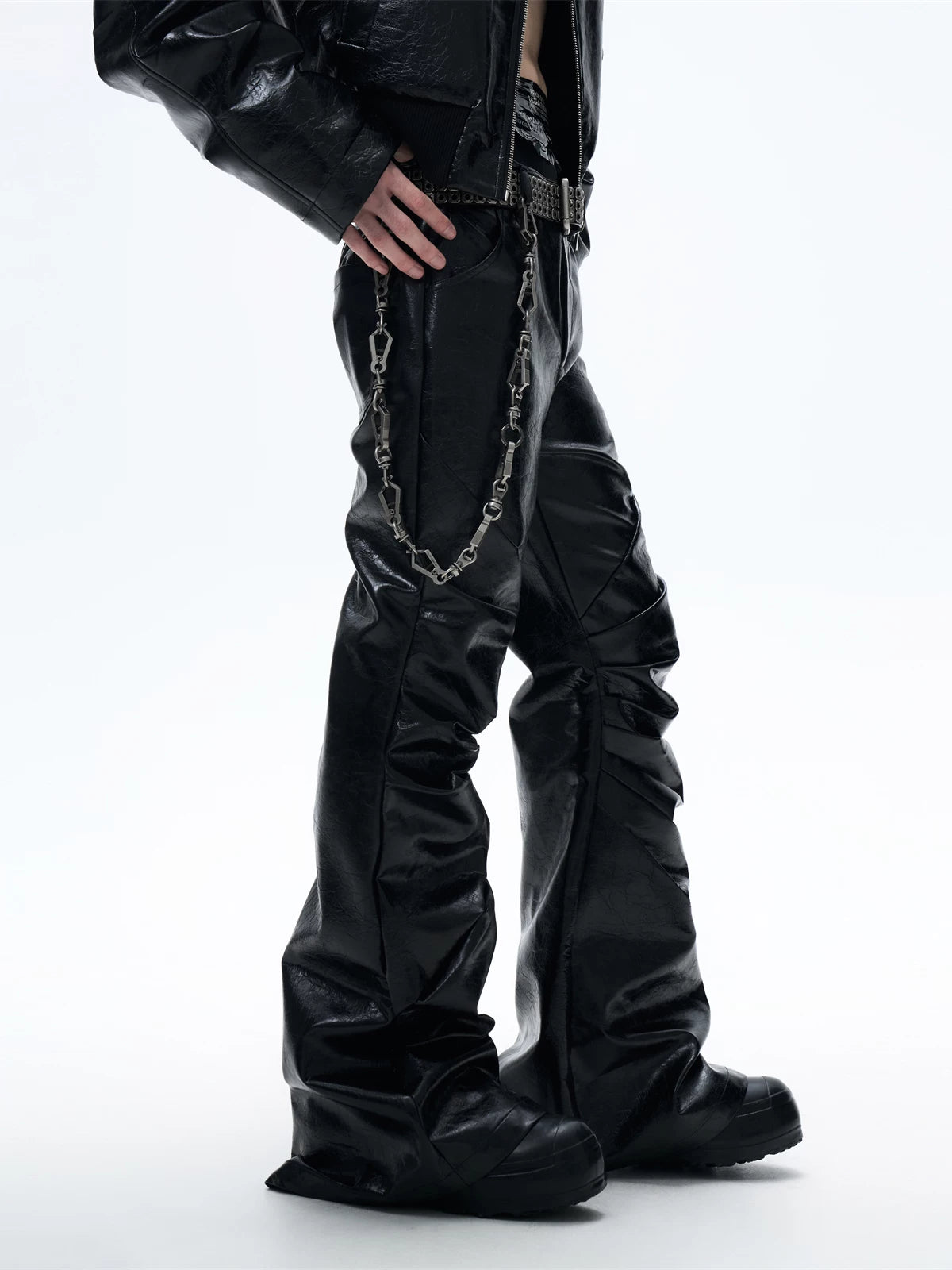 Black Loose Ruched Flare Leather Pants