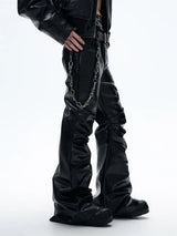 Black Loose Ruched Flare Leather Pants