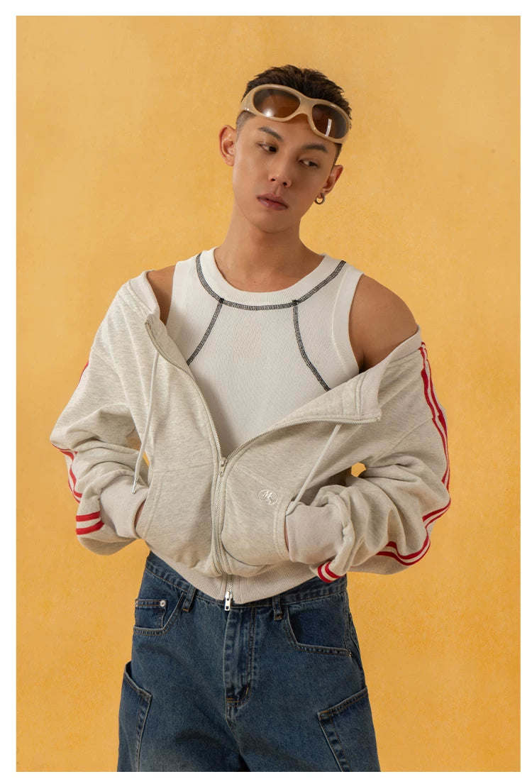 Heather Gray Striped Off-Shoulder Zip-Up Sweatshirt