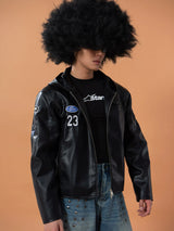 Men's Black Badged Hooded PU Jacket