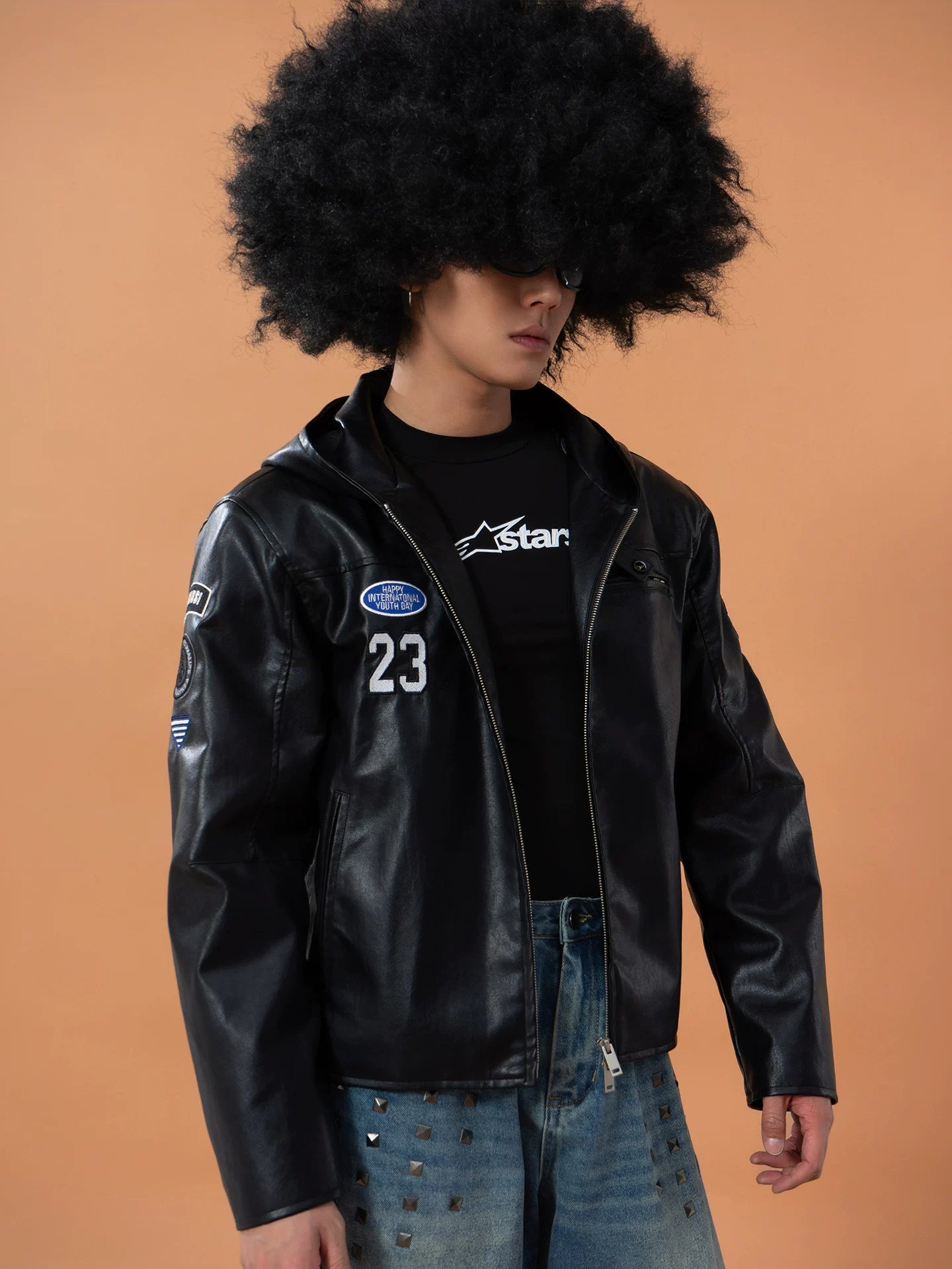 Men's Black Badged Hooded PU Jacket