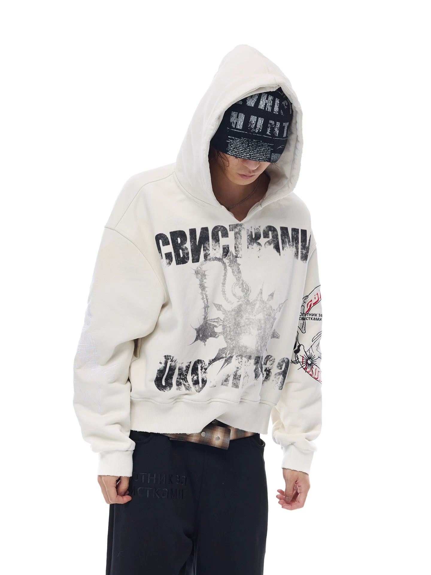 Tri-color Washed Distressed Embroidered V-neck Hoodie